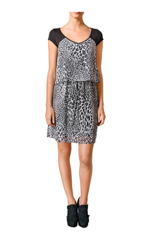MANDARIN Damen-Leomuster-Chiffonkleid Schwarz-Grau missforty