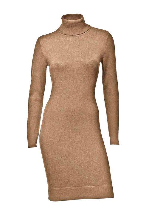 ASHLEY BROOKE Damen Designer-Strickkleid Rollkragen Kleid Rolli Camel Casual missforty