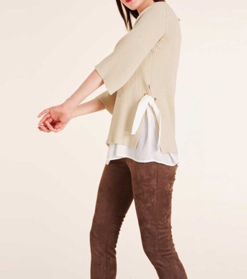ASHLEY BROOKE Damen Designer-Pullover-2-in-1 Beige-Ecru Chiffon Top Rippenstrick Missforty