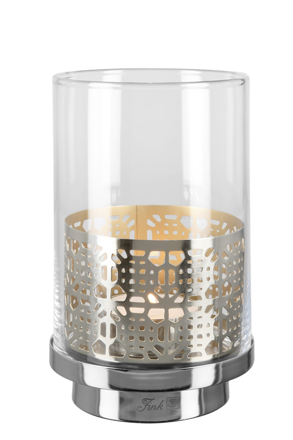 146182 Windlicht Glas Kerzenhalter Kerzenständer Stumpenkerze BIALA silber 20 cm Fink