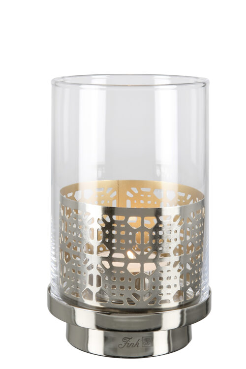 146182 Windlicht Glas Kerzenhalter Kerzenständer Stumpenkerze BIALA silber 20 cm Fink